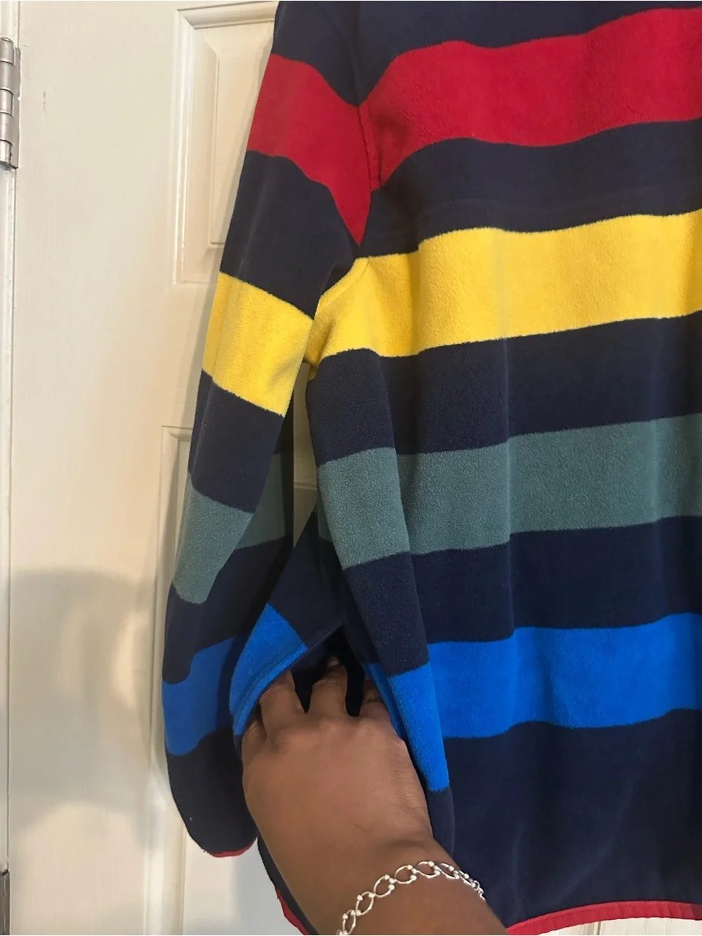 Lands' End Navy Multi-Color Striped Zip Pullover